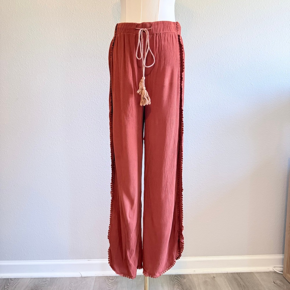 Boho Rust Wide Leg Side Slit Pom Pom Trim Tassel Beach Harem Pants Womens M